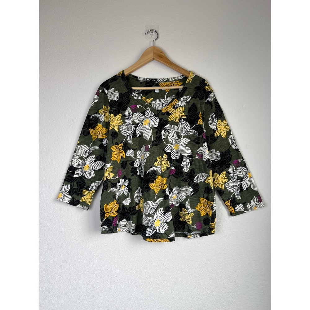 Chico's Sz 3 Boho Floral Botanical Resort Coastal Art To Wear Top XL V Neck